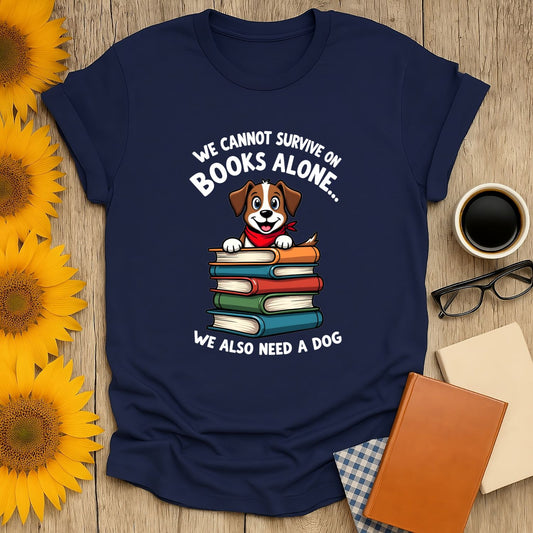 Pup Page Turner T-Shirt featuring a dog and books, perfect for book lovers and dog owners.