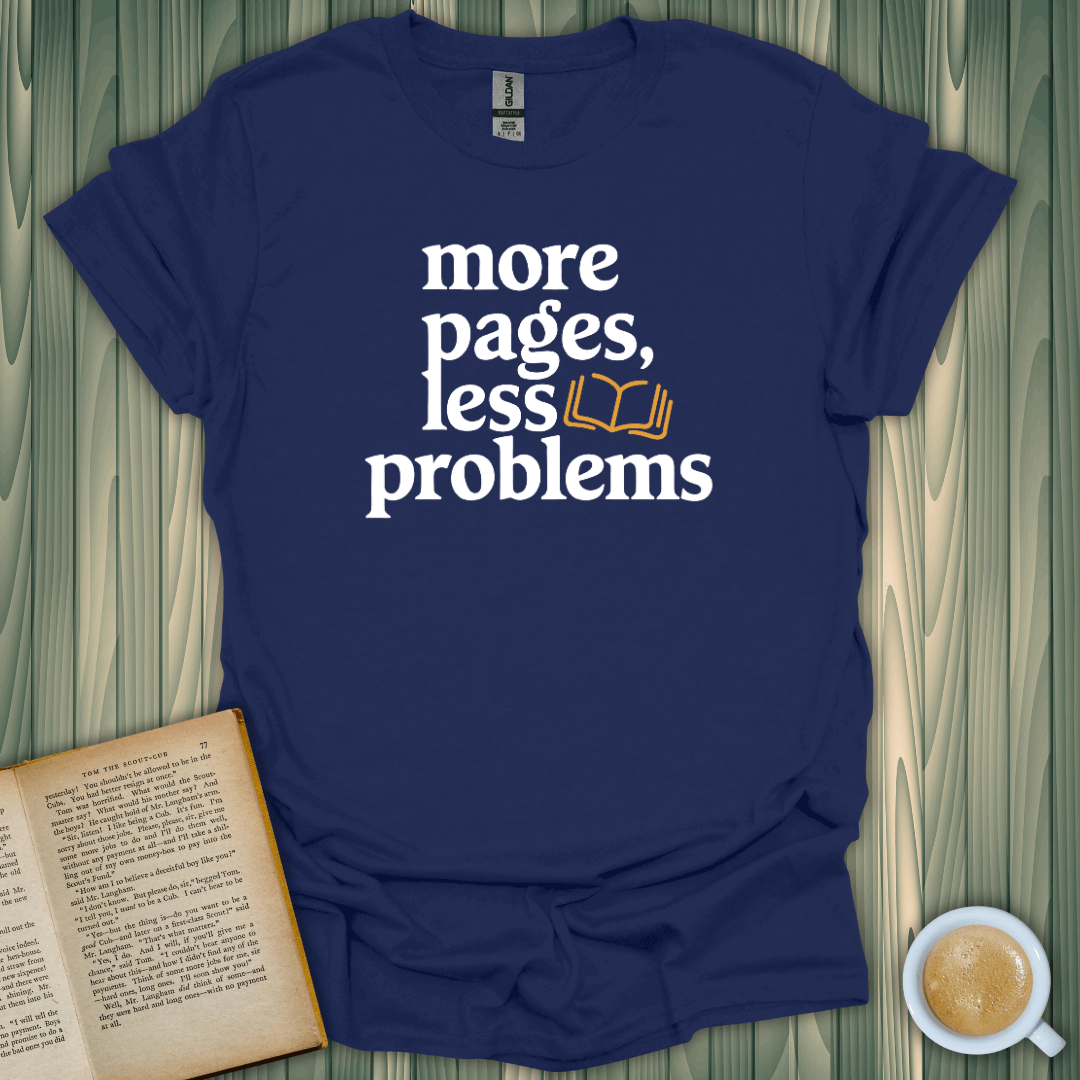 Navy blue t-shirt with 'More Pages, Less Problems' design, perfect for book lovers.