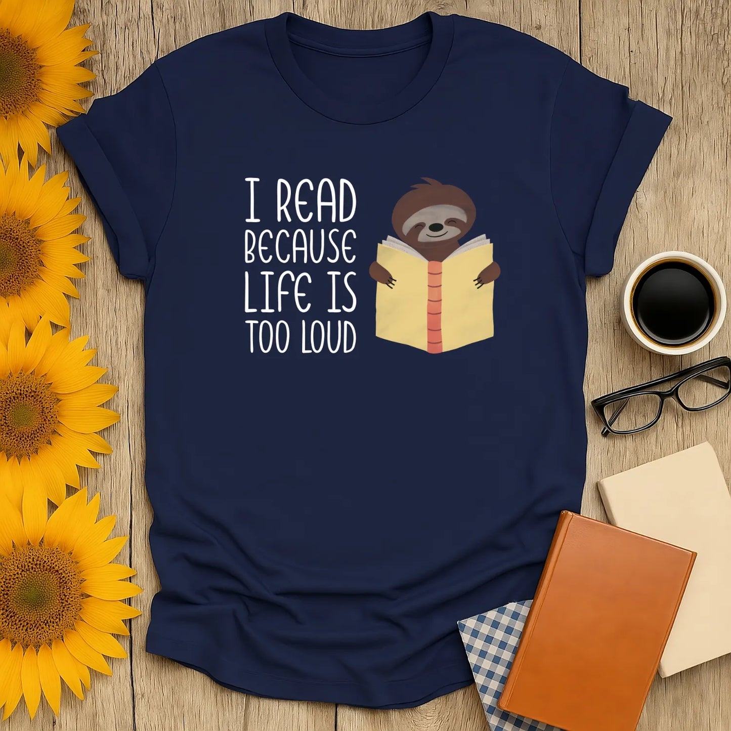 Quiet Escape T-Shirt featuring a sloth reading, perfect cozy gift for book lovers, organic cotton, relaxed unisex fit 📖