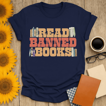 Unisex Read Banned Books t-shirt in navy, perfect for book lovers, made of 100% ring-spun cotton.