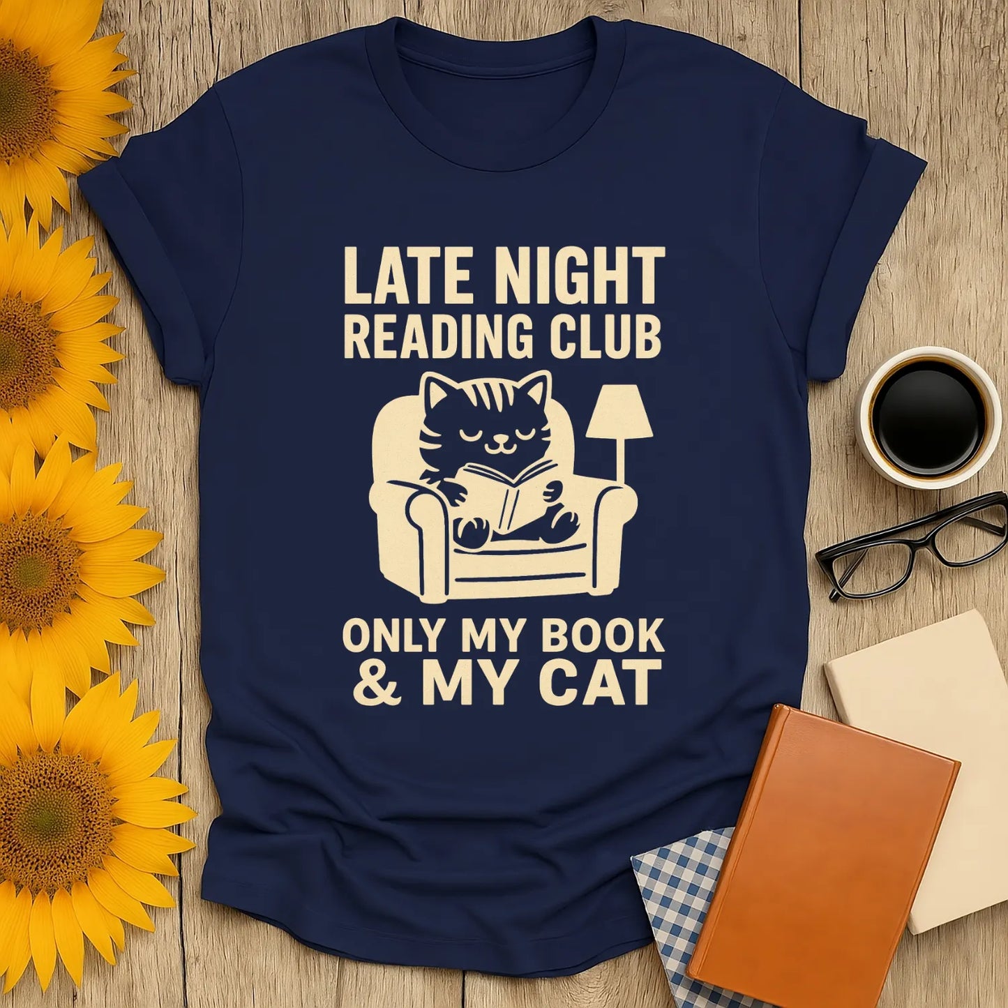 Late Night Reading Club t-shirt featuring a cute cat reading, perfect gift for book lovers who enjoy cozy nights with coffee and cats.
