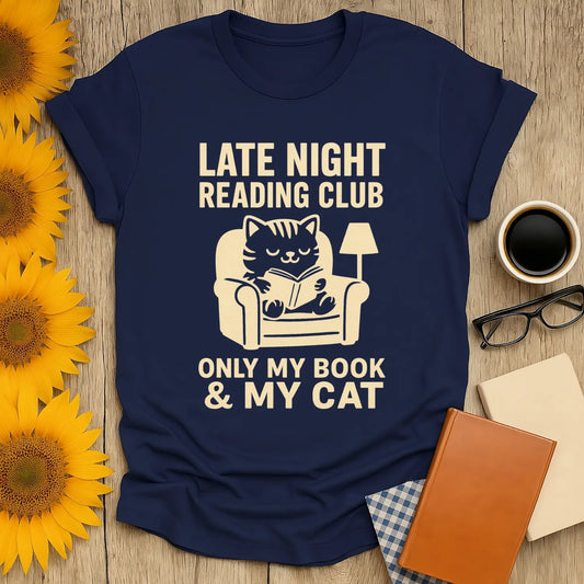 Late Night Reading Club t-shirt featuring a cute cat reading, perfect gift for book lovers who enjoy cozy nights with coffee and cats.