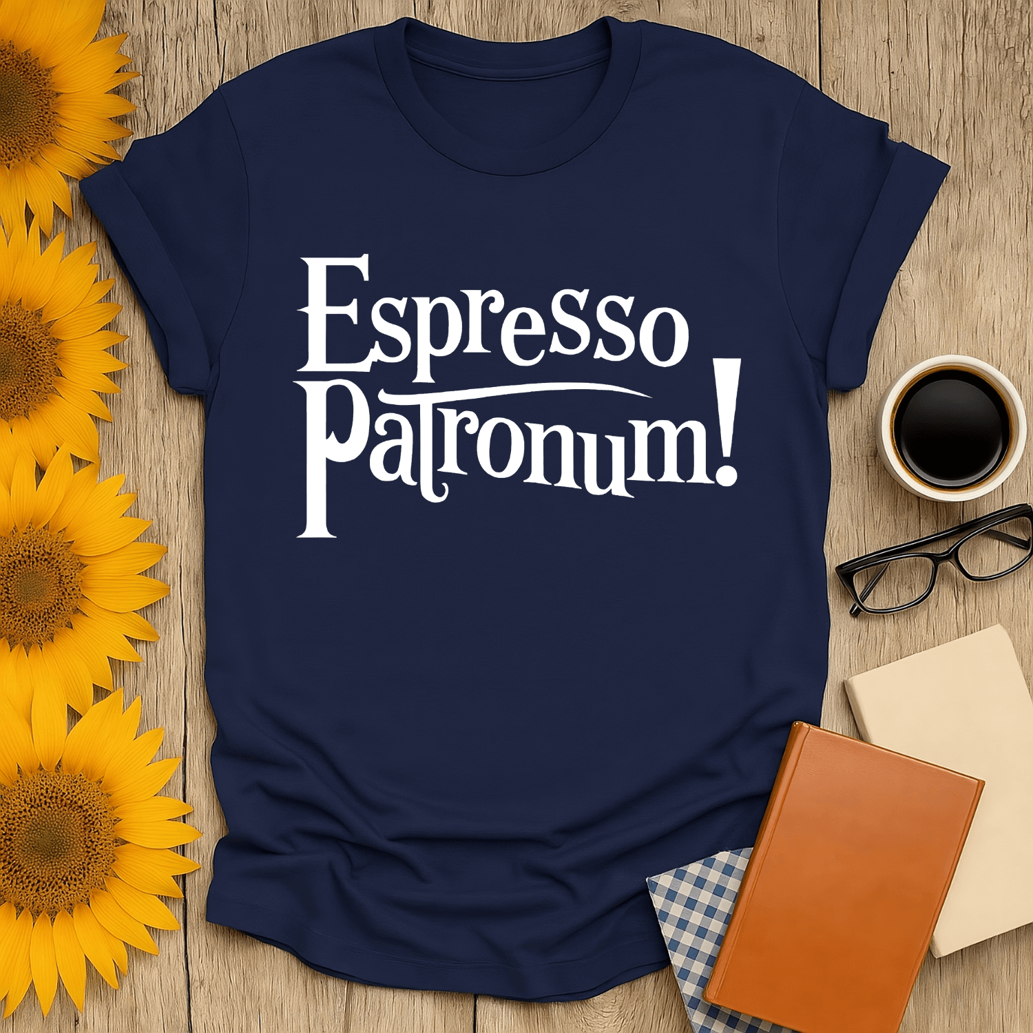 Espresso Patronum! T-shirt in navy, perfect for book lovers, made of 100% ring-spun cotton, with a premium screen-printed design.