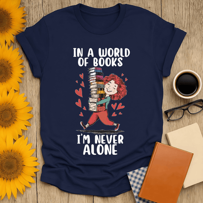 Never Alone with Books T-Shirt for book lovers, featuring a cute design and made from 100% ring-spun cotton.
