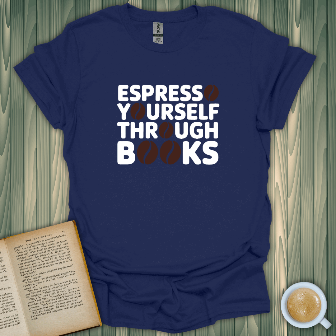 Navy t-shirt with 'Espresso Yourself Through Books' print, perfect for book lovers and coffee enthusiasts.