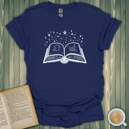 Stellar Script T-Shirt in navy blue, featuring a whimsical book design for book lovers. Perfect unisex fit!