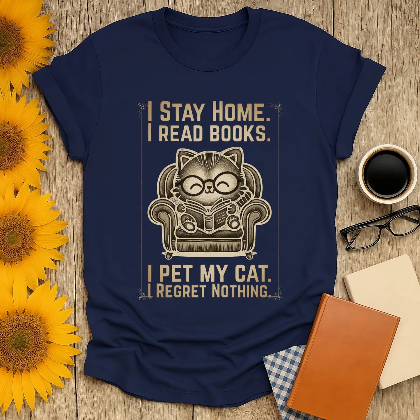 Vintage Cat Reader T-Shirt featuring a cozy cat in glasses reading, with the text: 'I Stay Home. I Read Books. I Pet My Cat. Regret Nothing.'