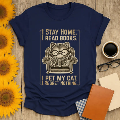Vintage Cat Reader T-Shirt featuring a cozy cat in glasses reading, with the text: 'I Stay Home. I Read Books. I Pet My Cat. Regret Nothing.'
