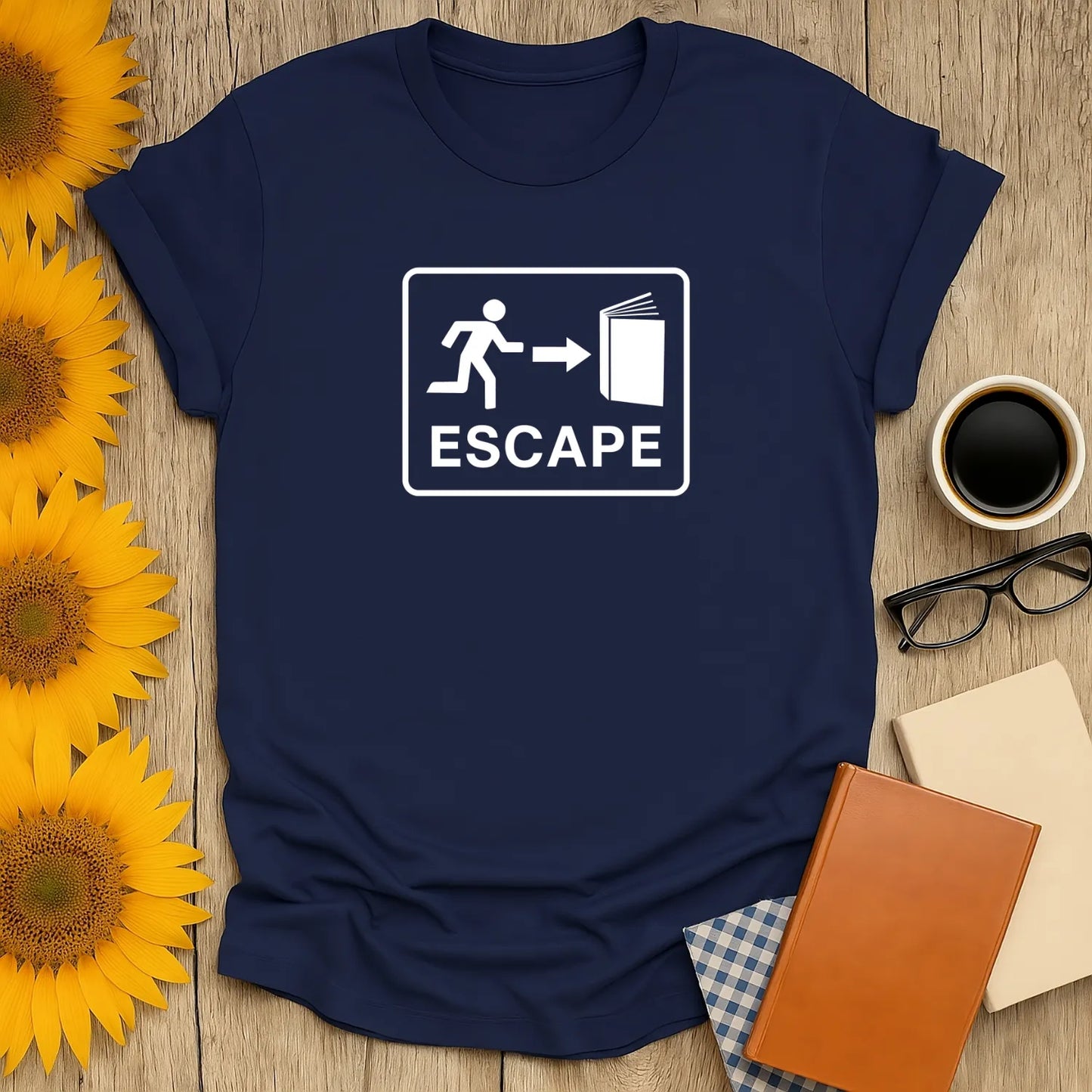 Funny book lover shirt featuring an escape graphic with a runner and an open book, perfect for cozy readers.