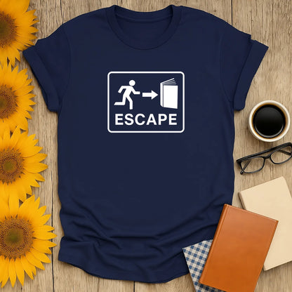 Funny book lover shirt featuring an escape graphic with a runner and an open book, perfect for cozy readers.