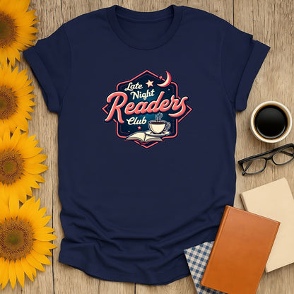 Late Night Readers Club t-shirt featuring a coffee cup and open book design, perfect for bookworms who love cozy reads.