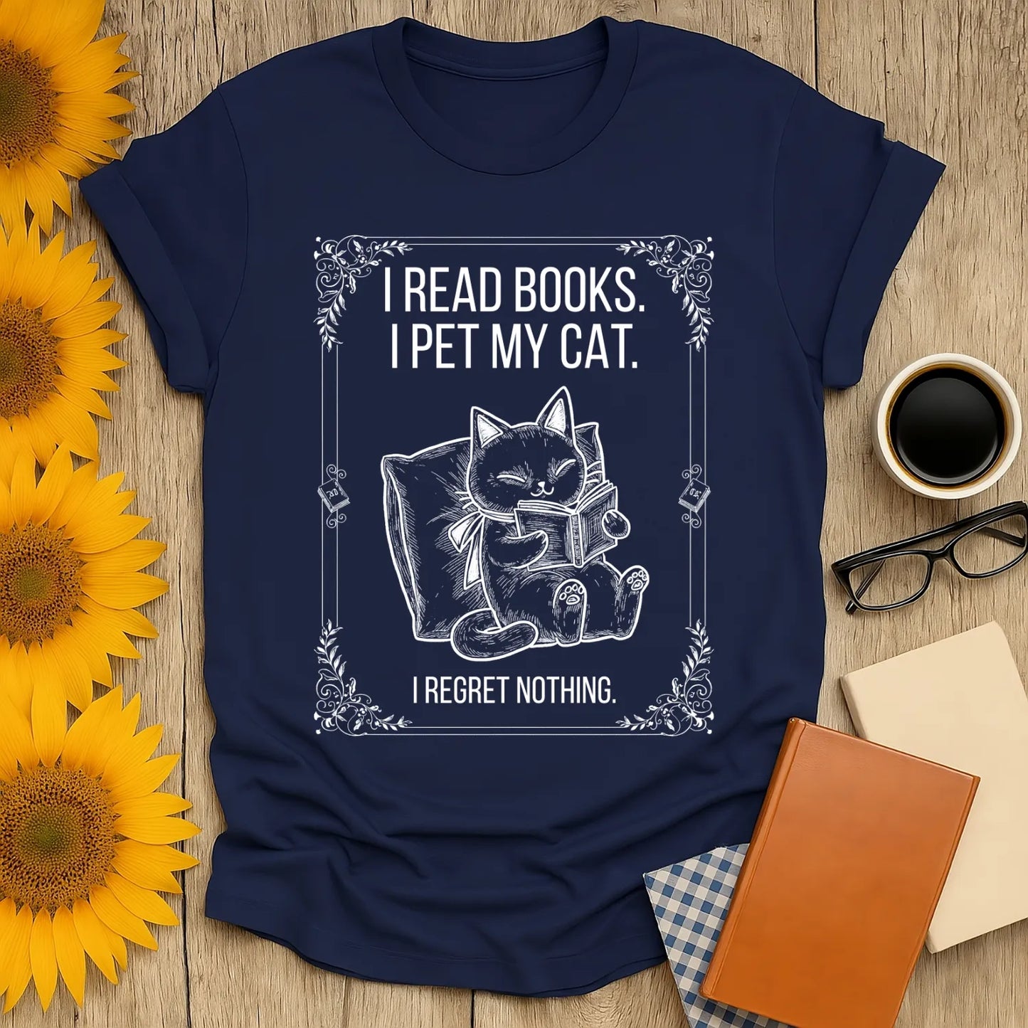Read. Pet. No Regrets. T-Shirt featuring a cozy black cat reading a book in an illustrated design, perfect for book lovers.