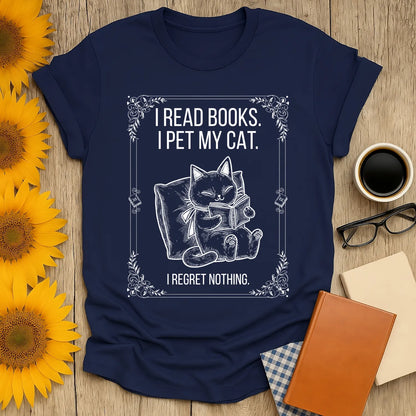 Read. Pet. No Regrets. T-Shirt featuring a cozy black cat reading a book in an illustrated design, perfect for book lovers.