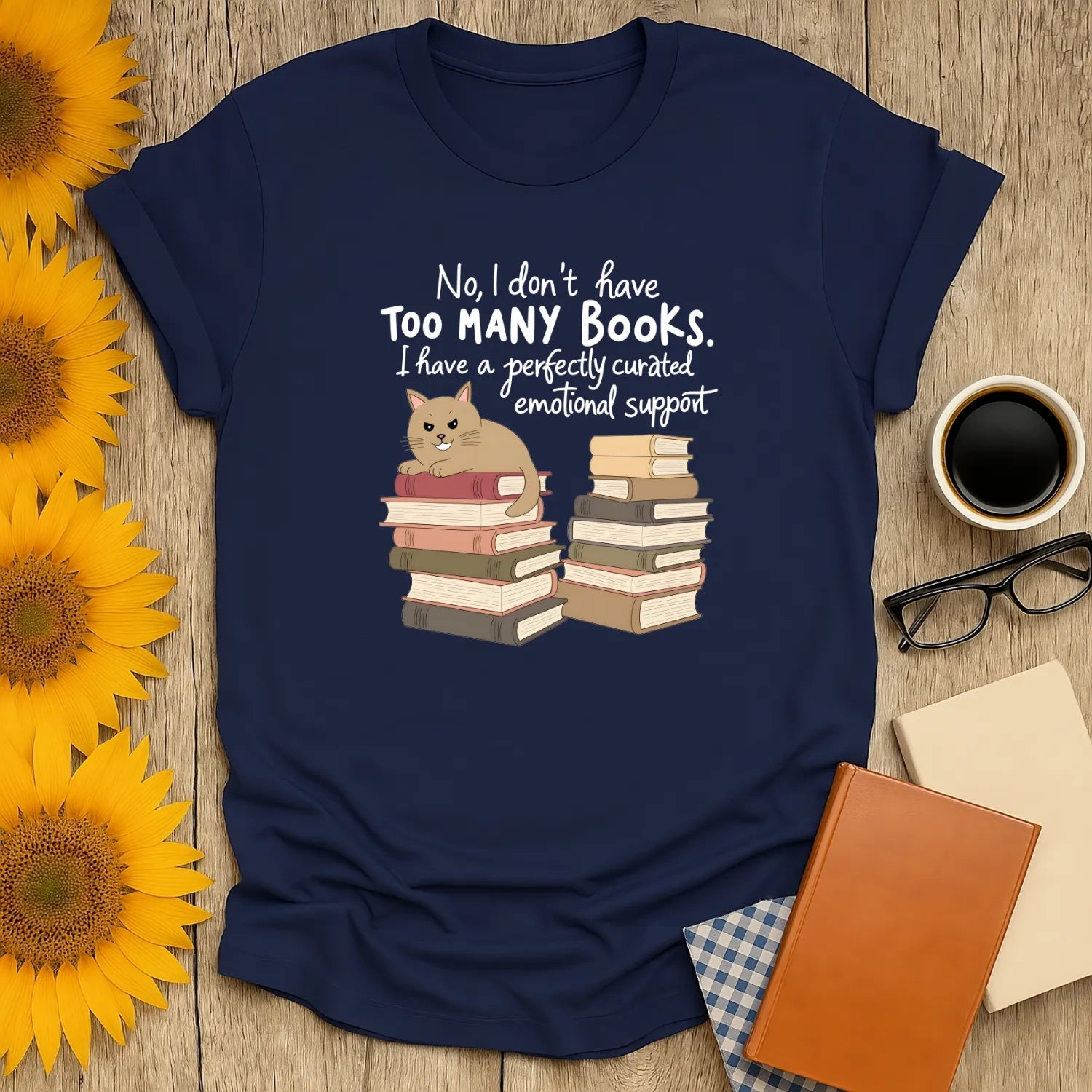 Emotional Support Books T-Shirt showcasing a cozy cat design on an organic cotton, relaxed fit unisex tee. Perfect book lover outfit! 📖