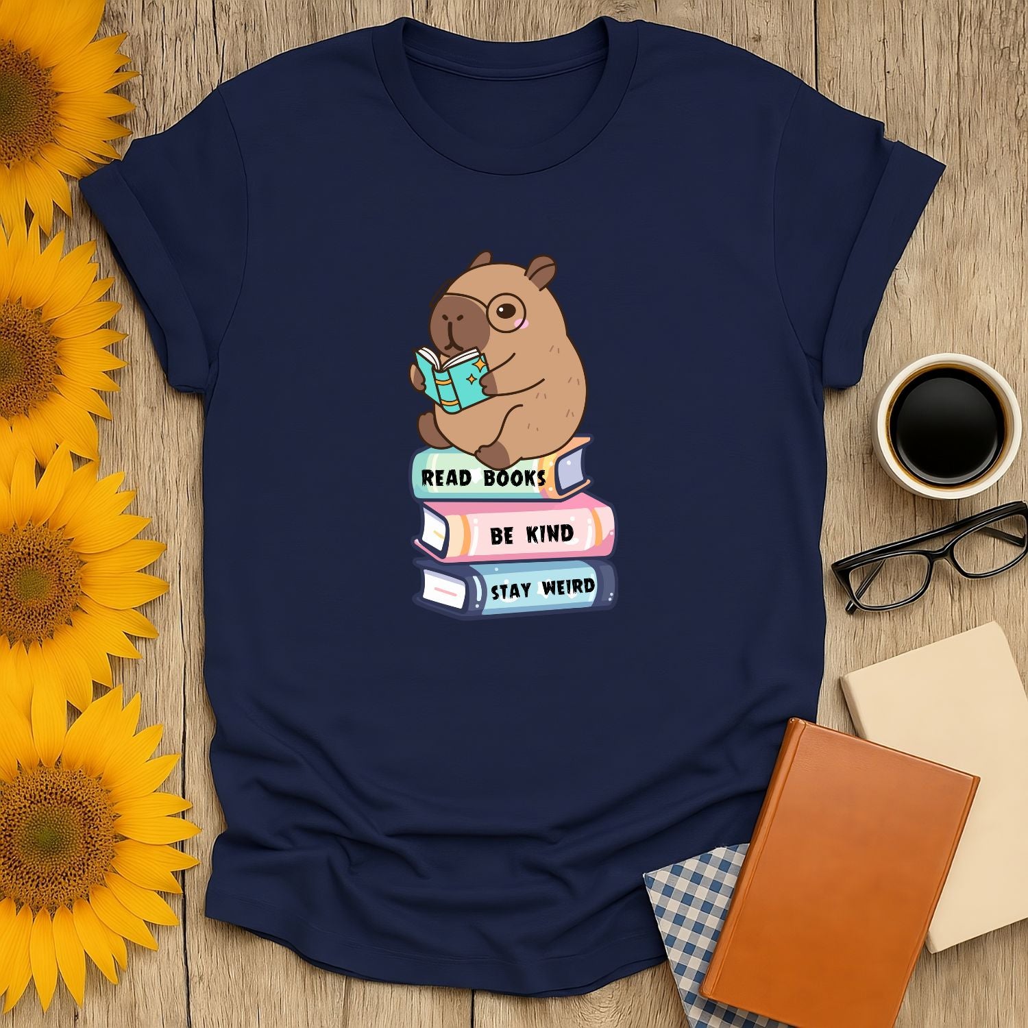 Capybara reading a book with text 'Read Books, Be Kind, Stay Weird' on a cozy navy tee, perfect for book lovers and gift-giving.