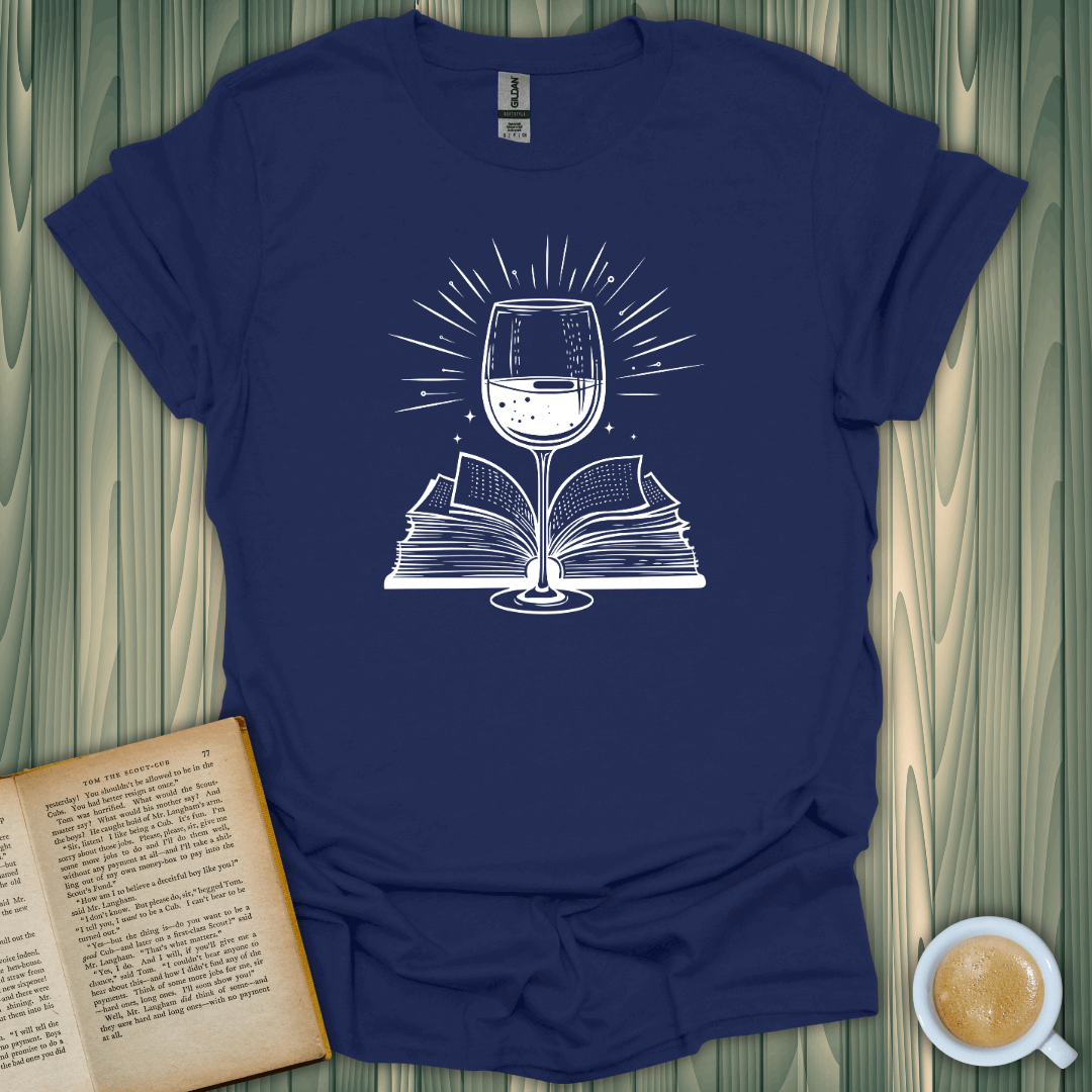 Literary Libations T-Shirt featuring a wine glass over open books, perfect for book lovers!