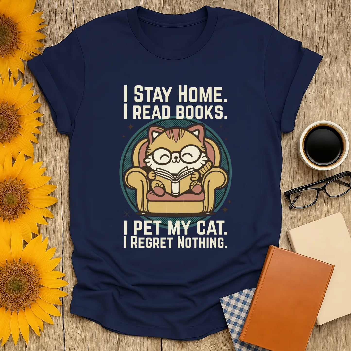 Retro Cat Reader T-Shirt featuring a cat in glasses on a cozy chair, with humorous reading quotes, perfect for book lovers.