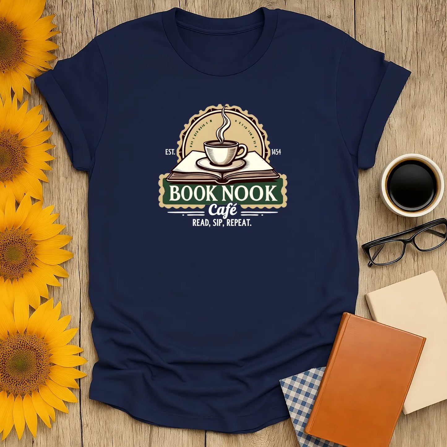 Book Nook Vibes T-Shirt, cozy reading aesthetic, organic cotton tee, relaxed fit shirt for book lovers 📖☕️.