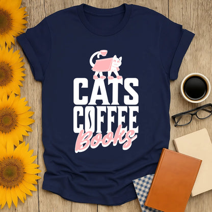 Cozy navy tee featuring playful cat illustration and bold text 'CATS COFFEE Books', perfect for book lovers and gifts.