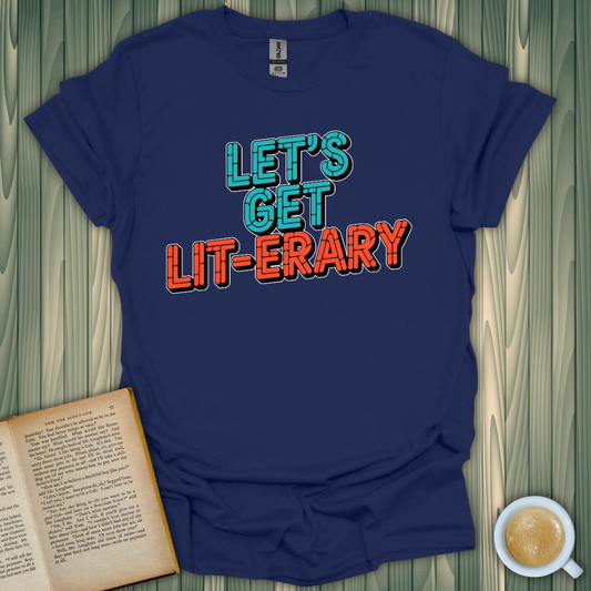 Navy blue unisex t-shirt with 'Let's Get Lit-erary' design, perfect for book lovers and made from 100% cotton.