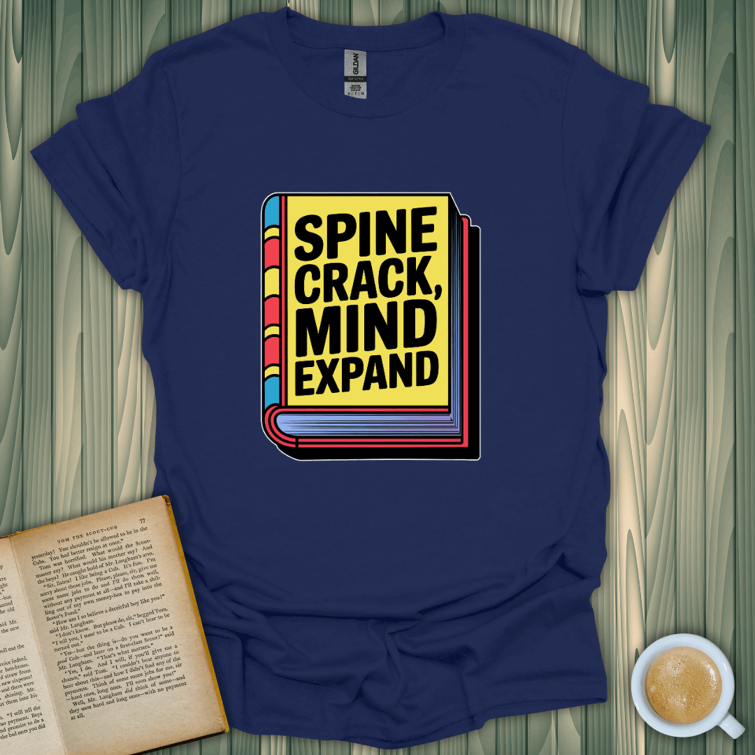 Spine Crack, Mind Expand T-Shirt for book lovers, made of 100% cotton, featuring a vibrant screen-printed book design.