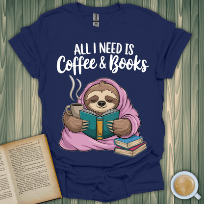 Sloth enjoying coffee and books on a cozy navy tee, perfect for every book lover.