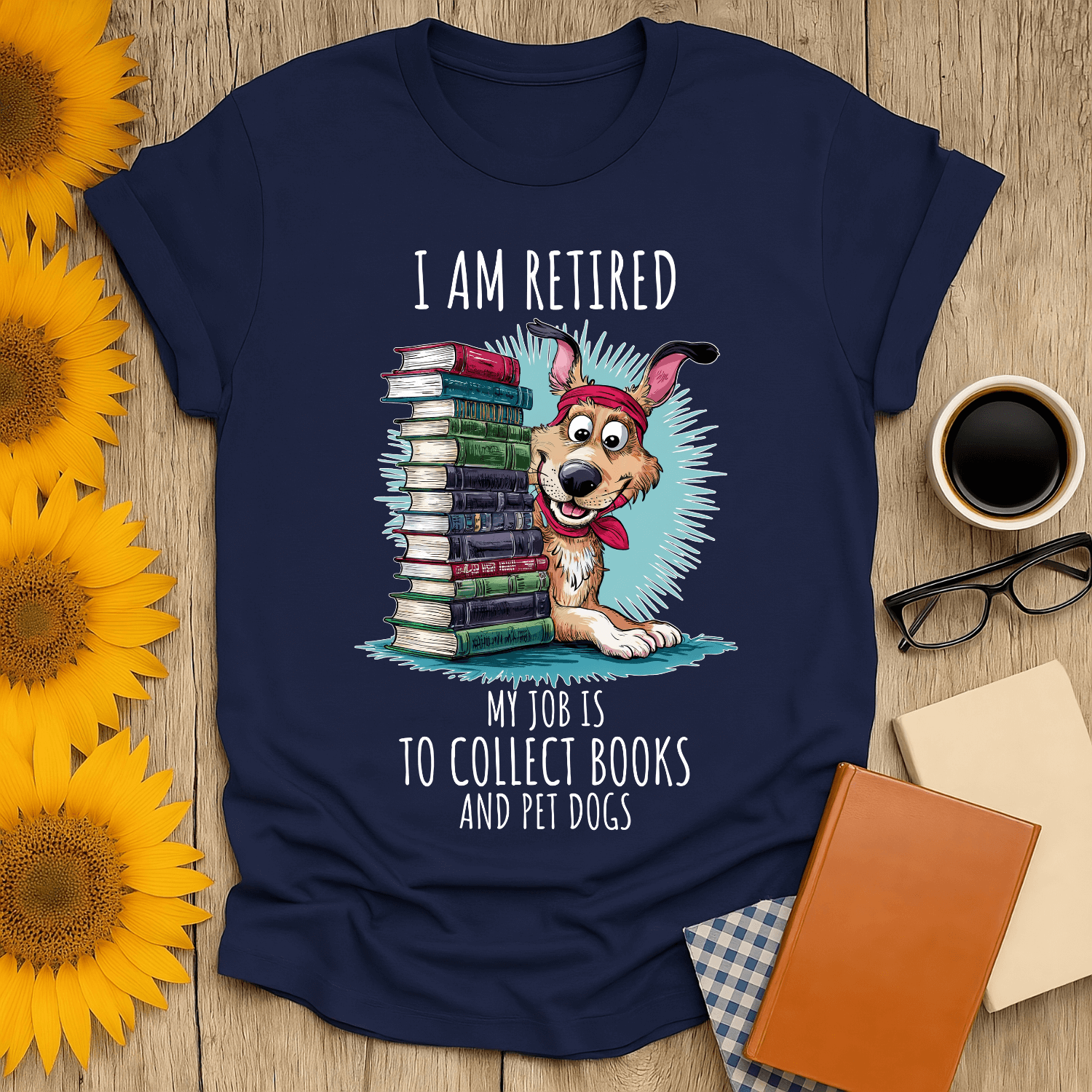 Retired & Bookish T-Shirt featuring a playful dog and books, perfect for book lovers and cozy casual wear.
