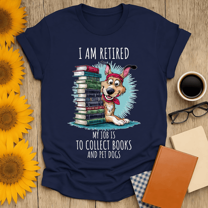 Retired & Bookish T-Shirt featuring a playful dog and books, perfect for book lovers and cozy casual wear.
