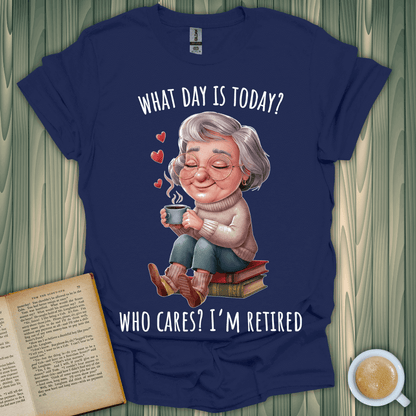 Retired & Relaxed T-Shirt featuring a happy senior with a coffee cup, perfect for book lovers enjoying leisure time.