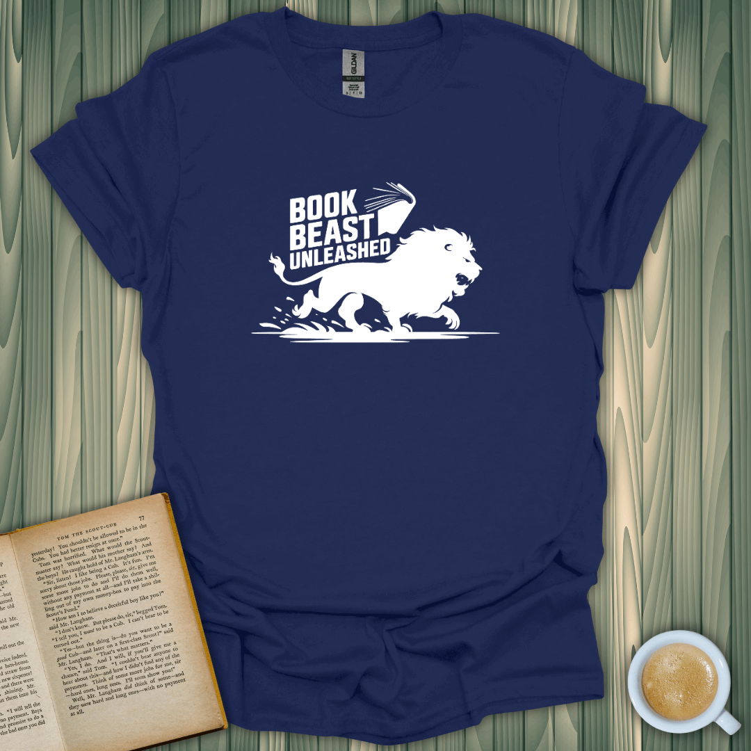 Book Beast Unleashed T-Shirt for book lovers, featuring a fierce lion design in white on navy blue fabric.