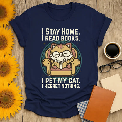 Retro Cat Reader T-Shirt featuring a glasses-wearing cat reading in a cozy chair, perfect for book lovers and cat enthusiasts.