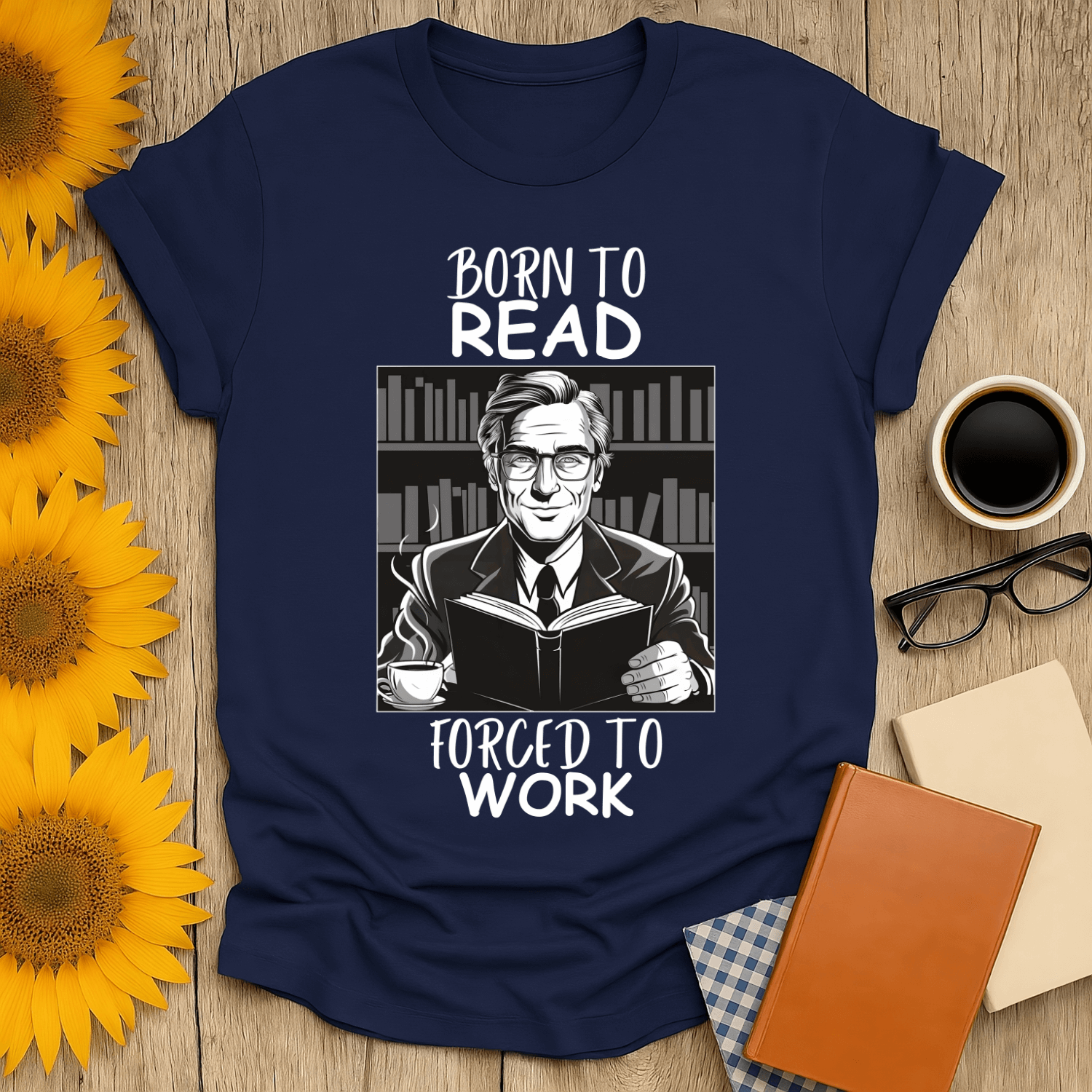 Born to Read, Forced to Work t-shirt design for book lovers, featuring a reader in front of bookshelves, unisex fit.