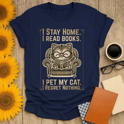 Vintage Cat Reader T-Shirt featuring a cozy cat reading in an armchair with bookish humor perfect for cat lovers and bookworms.