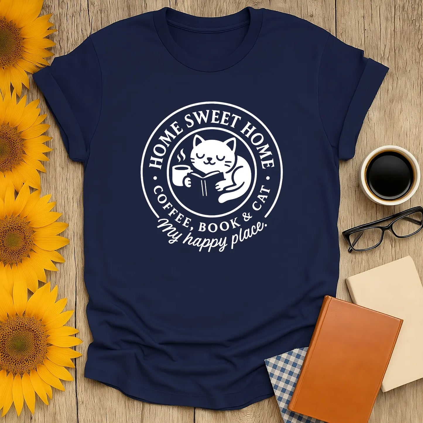 Cozy cat reading shirt featuring 'Home Sweet Home' with cat, book, and coffee. Perfect gift for book lovers who enjoy humor.