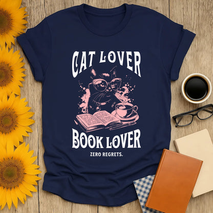 Cat & Book Lover T-Shirt featuring a cool cat in glasses, open book, and coffee cup, perfect for cozy reading days.