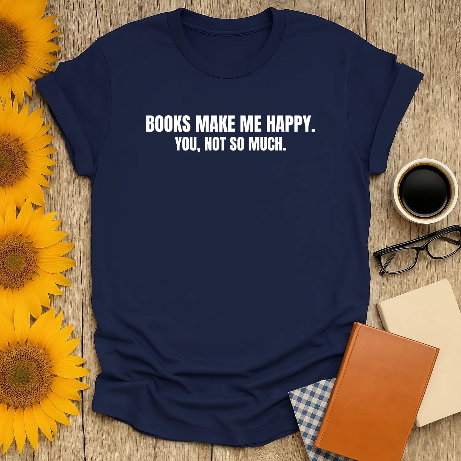Books Over People T-Shirt in navy, a relaxed fit unisex tee, perfect for book lovers and introverts. 📖 Cozy reading outfit!