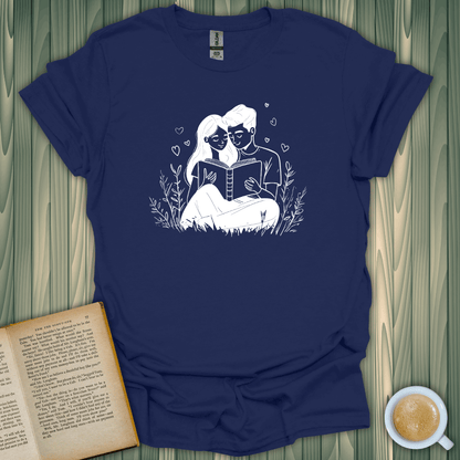 Chapter of Us T-Shirt featuring a couple reading, perfect for book lovers. Made of 100% cotton, unisex fit, and USA made.