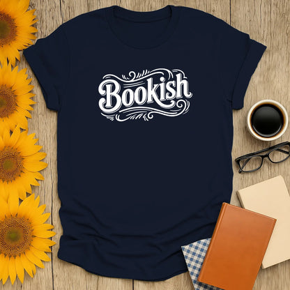 Cozy bookish t-shirt in navy with elegant 'Bookish' print, perfect for cat lovers, coffee enthusiasts, and readers.