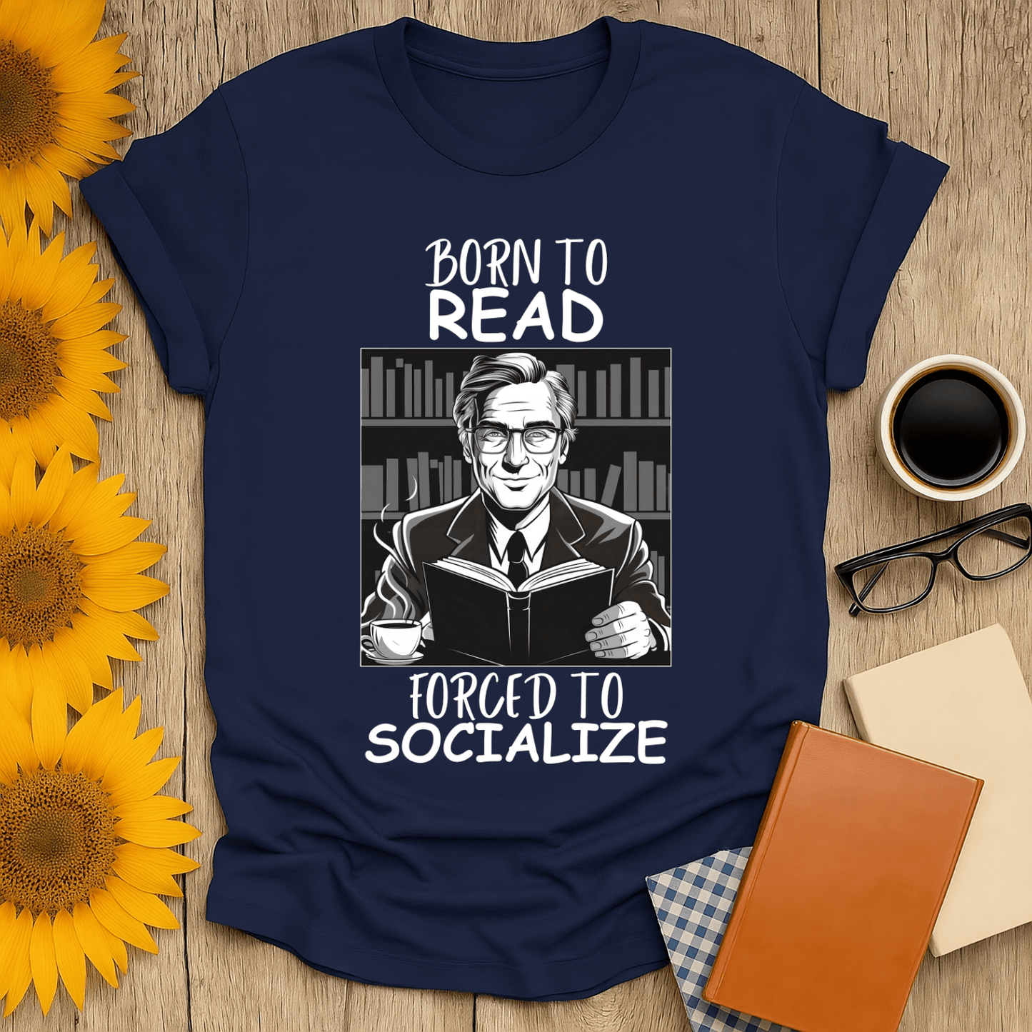 Born to Read, Forced to Socialize T-Shirt for book lovers, featuring a smiling character with books in a stylish design.
