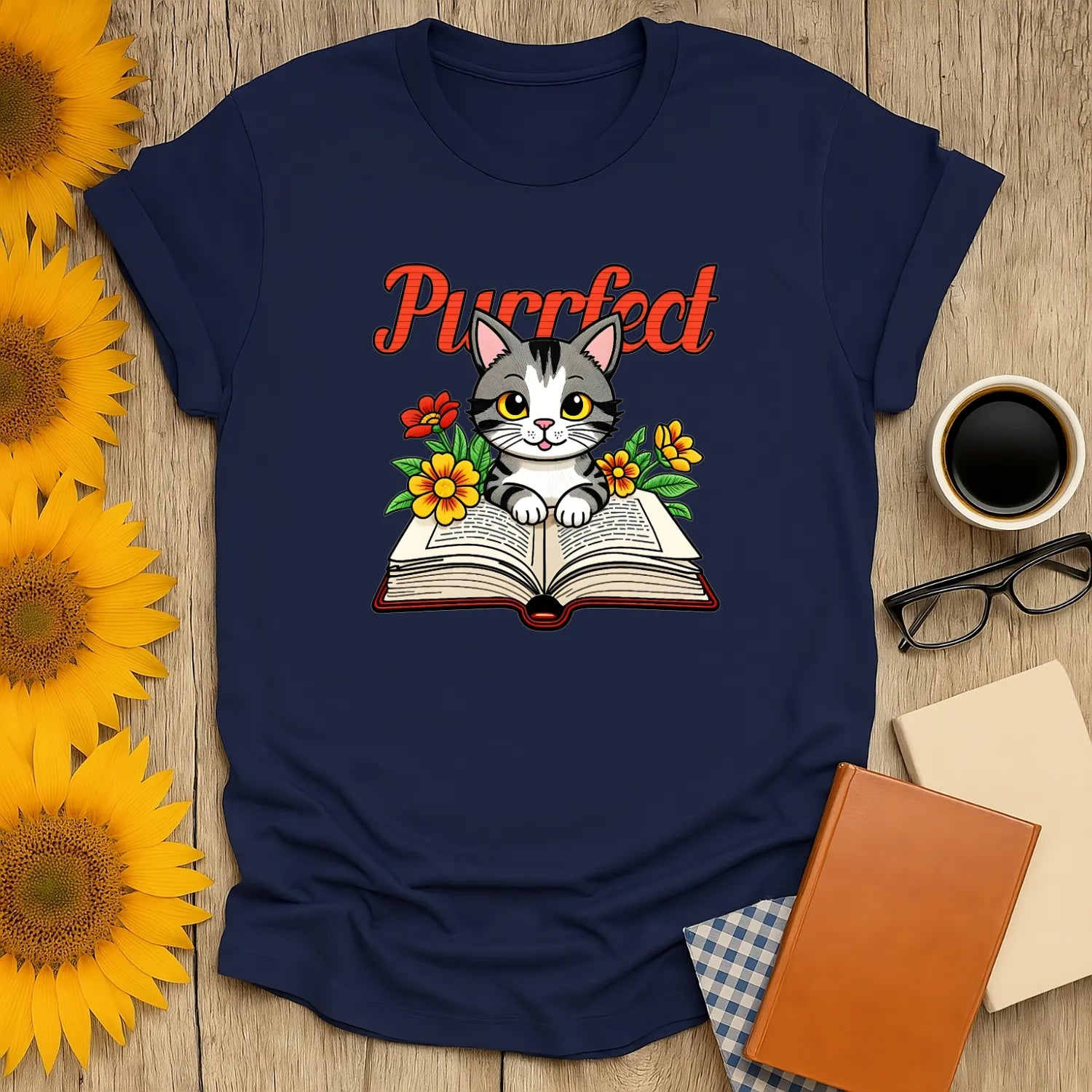 Cozy 'Purrfect' shirt with a kitten on an open book, flowers, ideal for cat-loving bookworms and perfect gifts for readers.