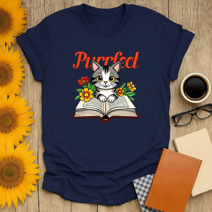 Cozy 'Purrfect' shirt with a kitten on an open book, flowers, ideal for cat-loving bookworms and perfect gifts for readers.