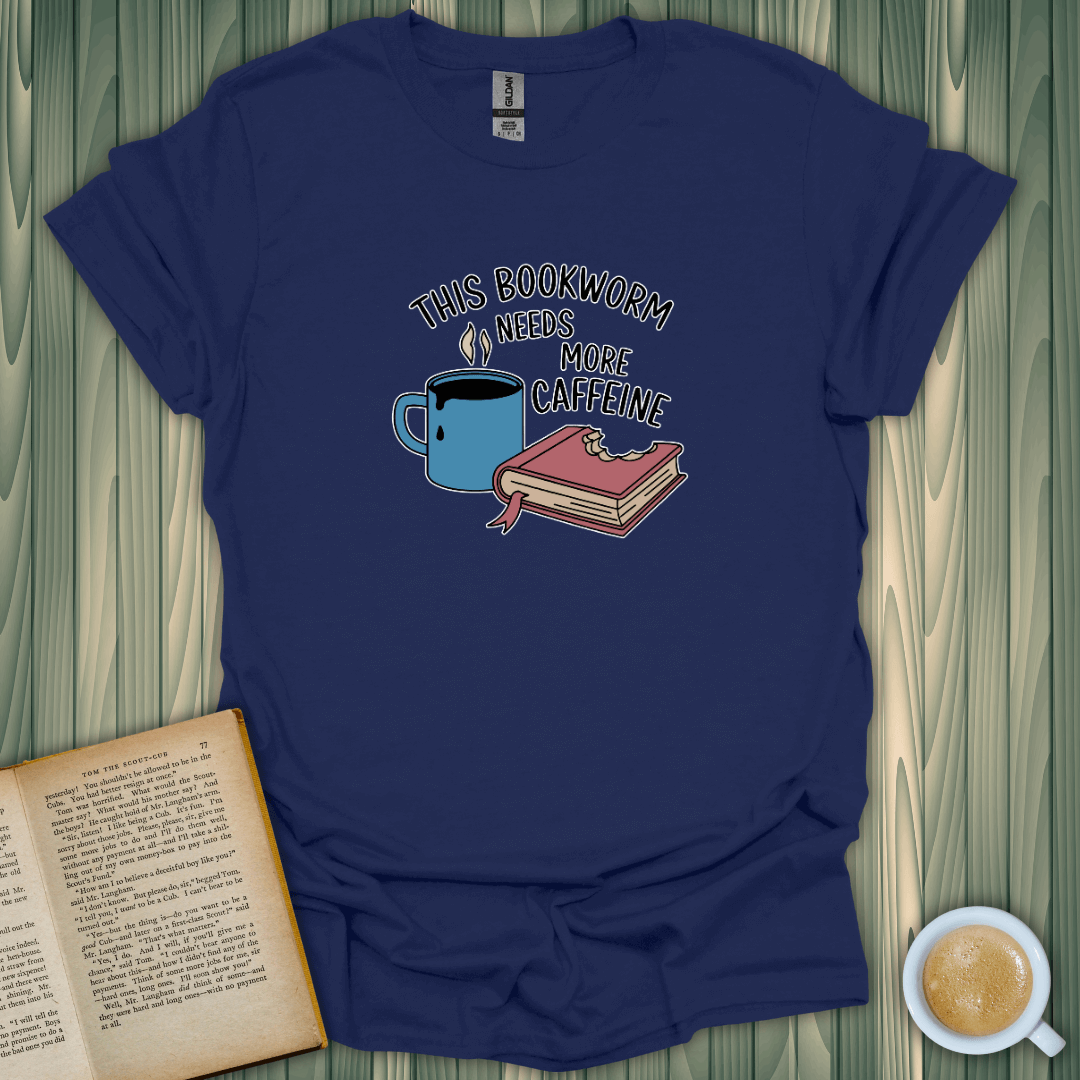 Caffeinated Bookworm T-Shirt featuring a coffee mug and book design for book lovers, made from soft ring-spun cotton.