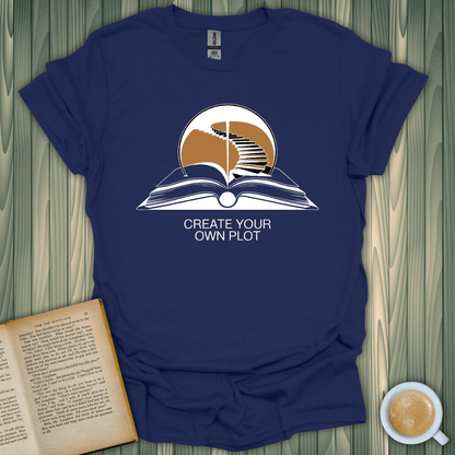 Create Your Own Plot T-Shirt for book lovers, featuring a unique book graphic on a navy blue unisex tee.