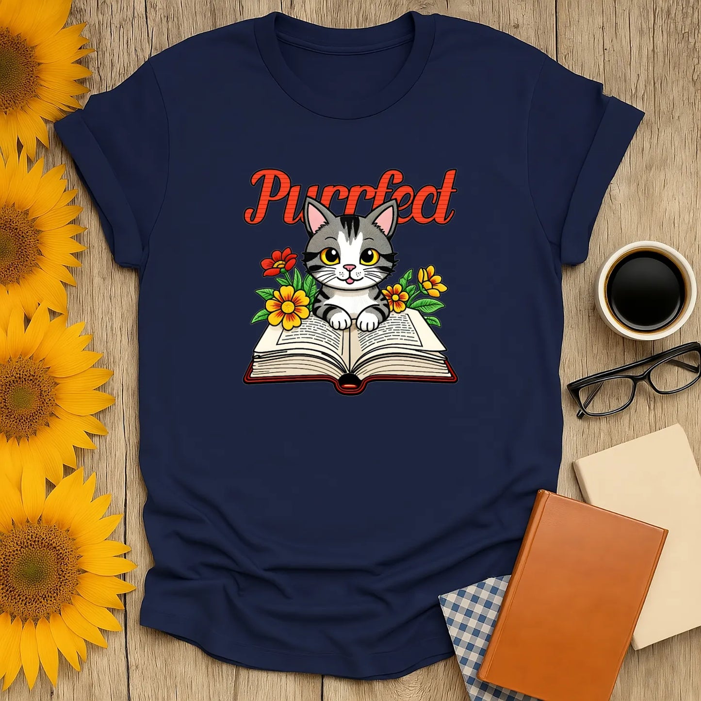 Purrfect Page T-Shirt features a cozy kitten on an open book, perfect as a gift for readers or introverts. 📖