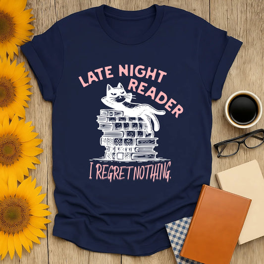 Late Night Reader T-Shirt featuring a relaxed cat on books, saying 'I Regret Nothing'—perfect for cozy readers and cat lovers!