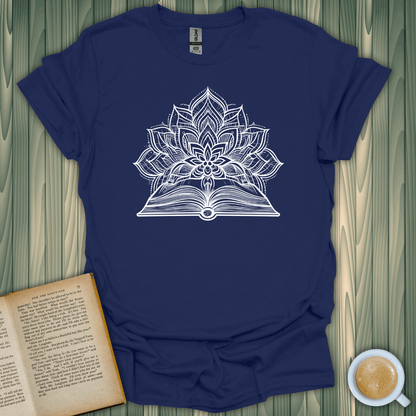 Path to Harmony T-Shirt for book lovers, featuring a lotus design over an open book, crafted from 100% cotton.