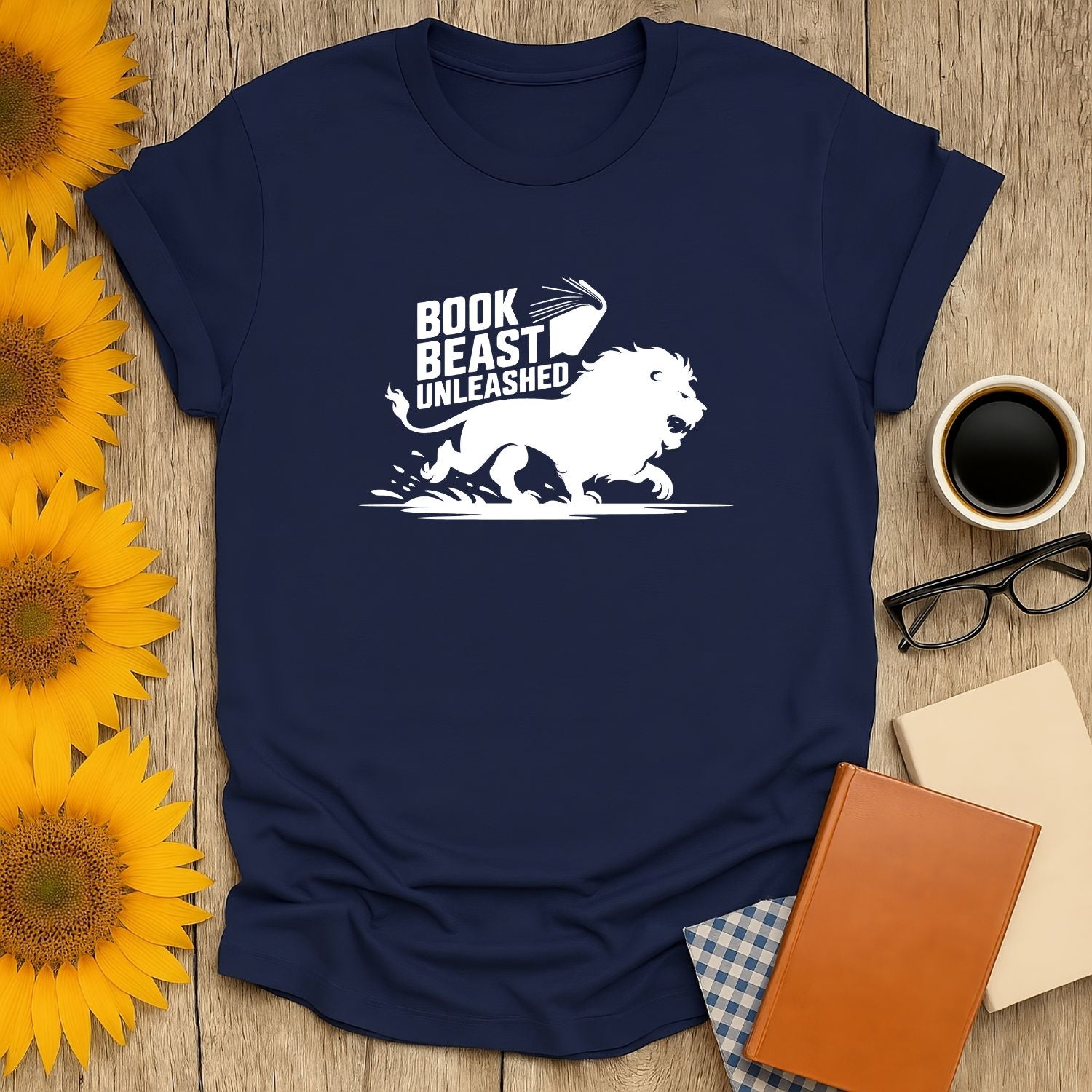 Funny reading tee featuring 'Book Beast Unleashed' with a roaring lion, perfect for cozy book lovers and gifts for readers.