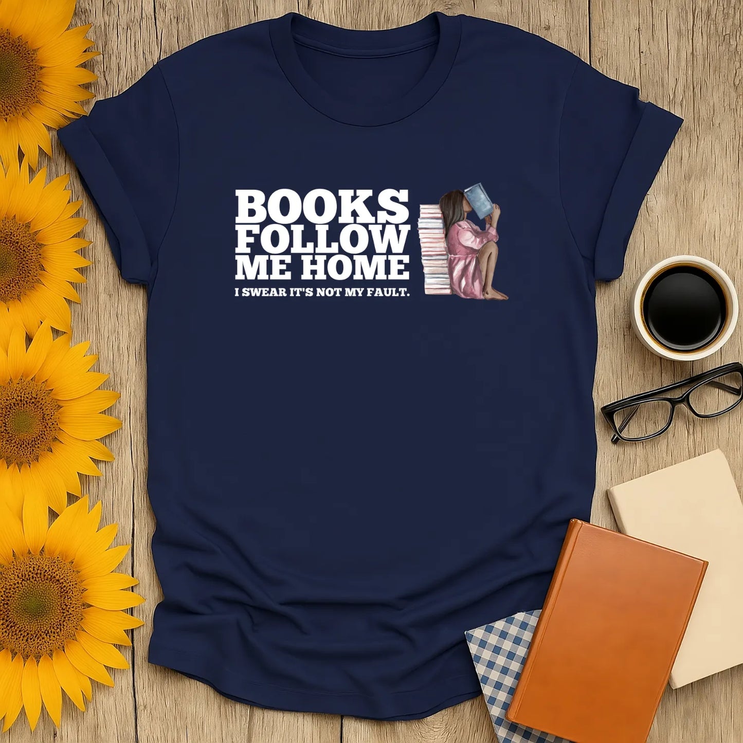 Followed by Books T-Shirt in relaxed fit, dark navy, perfect for book lovers and introverts. Cozy reading aesthetic tee 📖