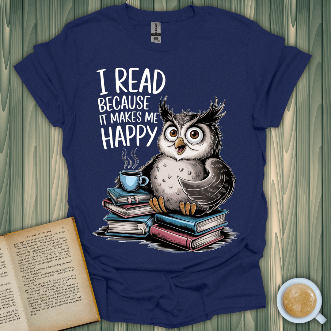 Happy Reader T-Shirt featuring a cheerful owl, perfect for book lovers and made from 100% ring-spun cotton.