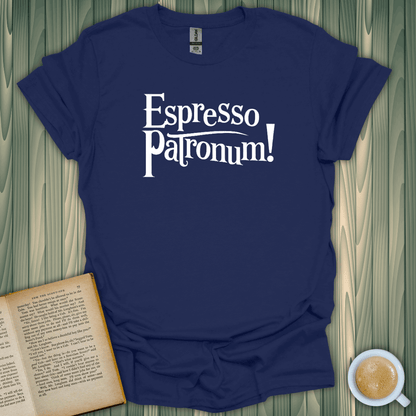 Espresso Patronum! T-shirt for book lovers, featuring premium screen print on navy cotton, perfect for cozy reading days.